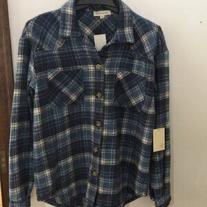 Blue Plaid Button Up Shirt with Small Rhinestones Size Small NWT